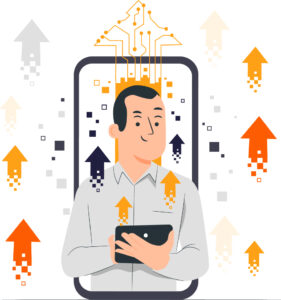 Middle-aged man holding tablet; arrows pointing up indicate success in the digital arena
